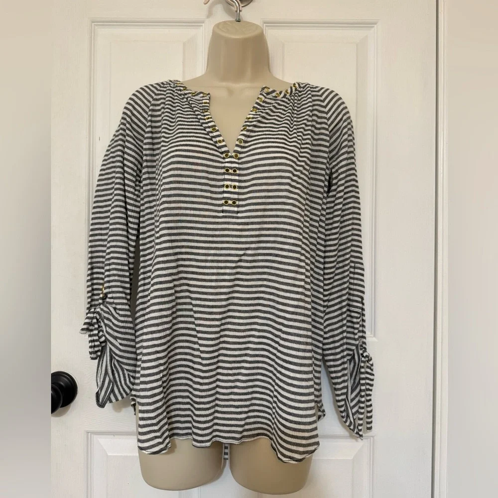 Michael Kors Striped Gold Button Henley Blouse Top M